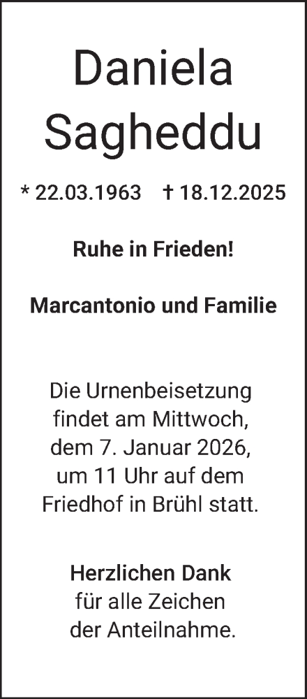 Traueranzeige von Daniela Sagheddu von Schwetzinger Zeitung