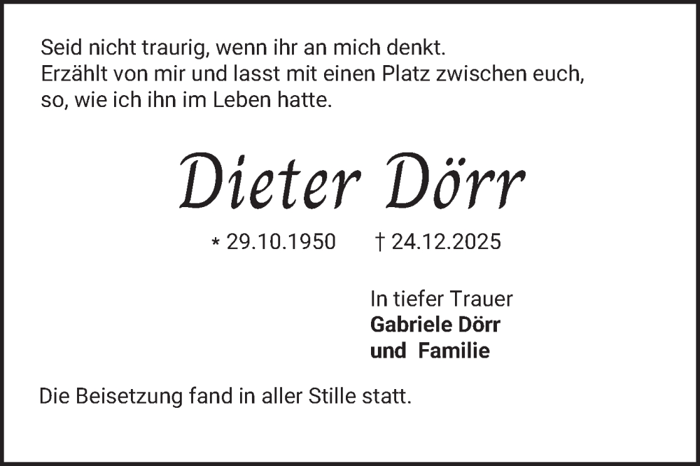  Traueranzeige für Dieter Dörr vom 24.01.2026 aus Mannheimer Morgen