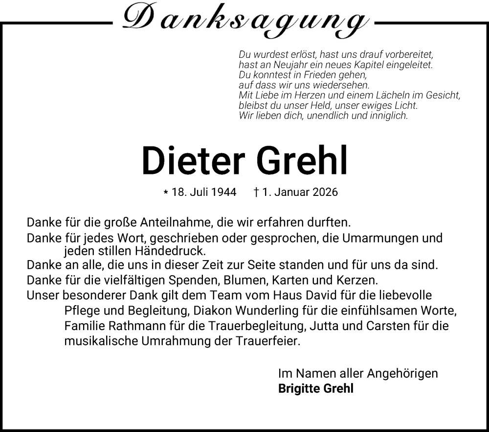  Traueranzeige für Dieter Grehl vom 24.01.2026 aus Schwetzinger Zeitung
