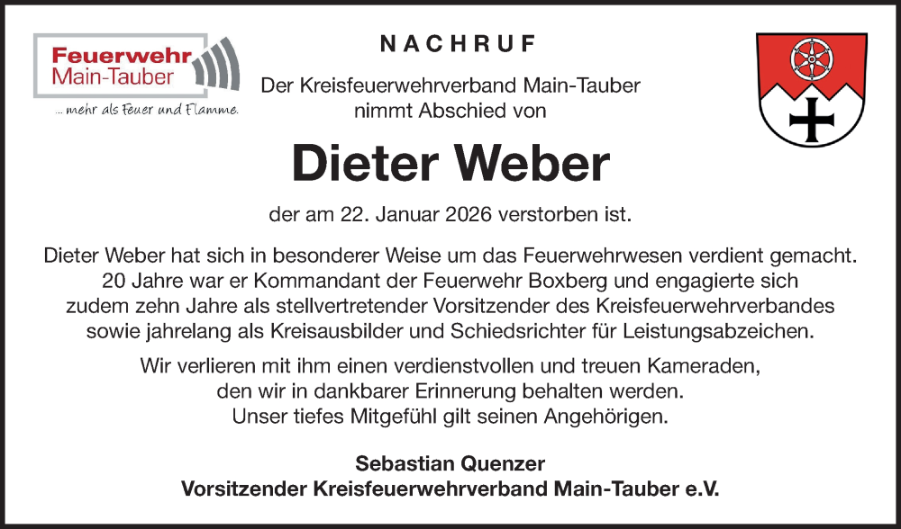  Traueranzeige für Dieter Weber vom 30.01.2026 aus Fränkische Nachrichten