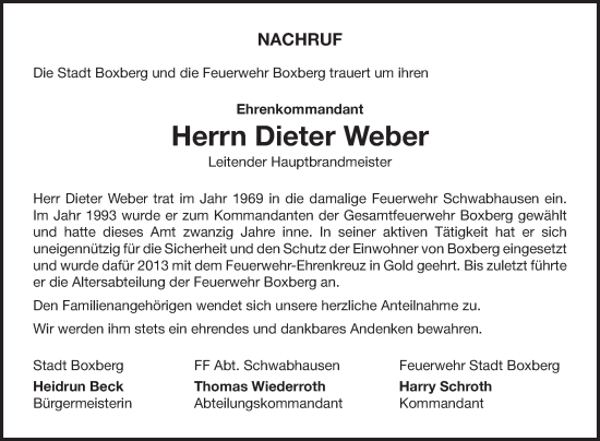 Traueranzeige von Dieter Weber von Fränkische Nachrichten