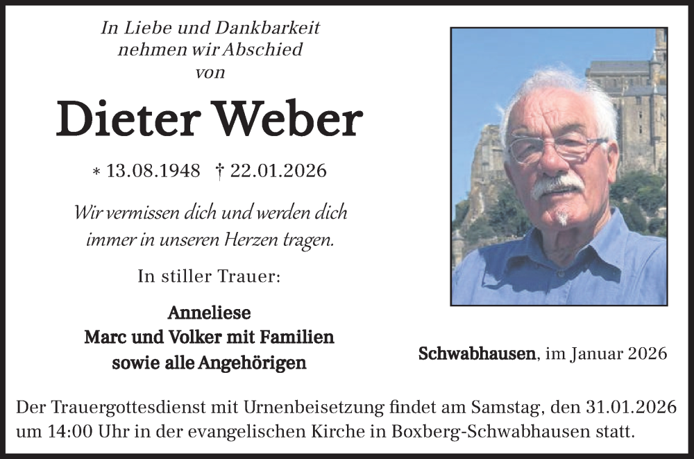  Traueranzeige für Dieter Weber vom 29.01.2026 aus Fränkische Nachrichten
