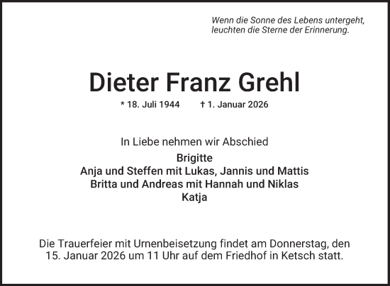 Traueranzeige von Dieter Franz Grehl von Schwetzinger Zeitung
