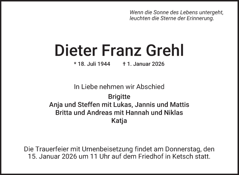  Traueranzeige für Dieter Franz Grehl vom 10.01.2026 aus Schwetzinger Zeitung