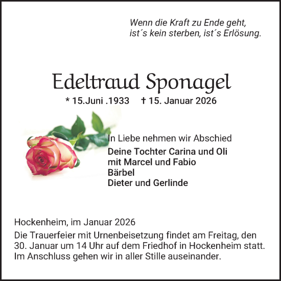 Traueranzeige von Edeltraud Sponagel von Schwetzinger Zeitung
