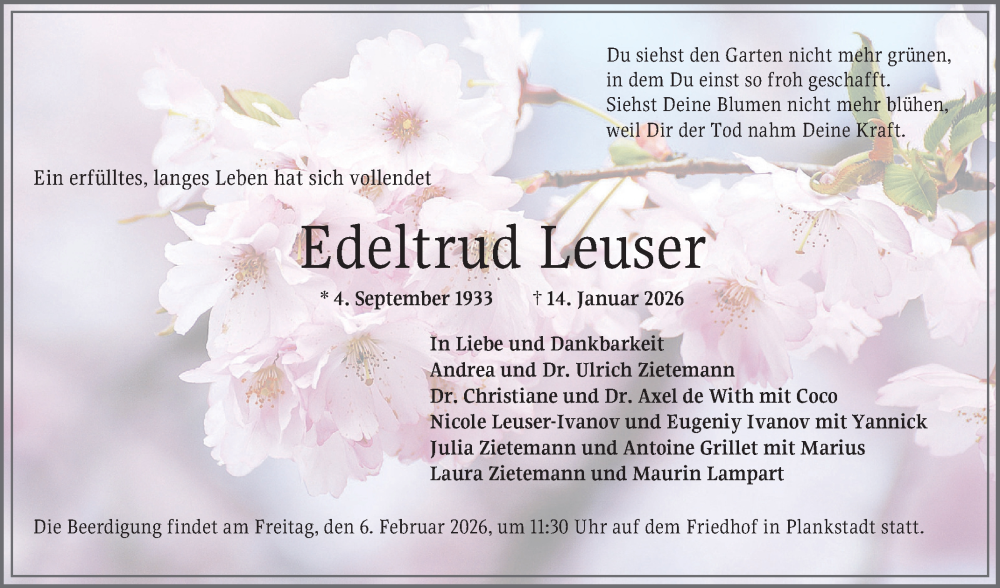  Traueranzeige für Edeltrud Leuser vom 31.01.2026 aus Schwetzinger Zeitung