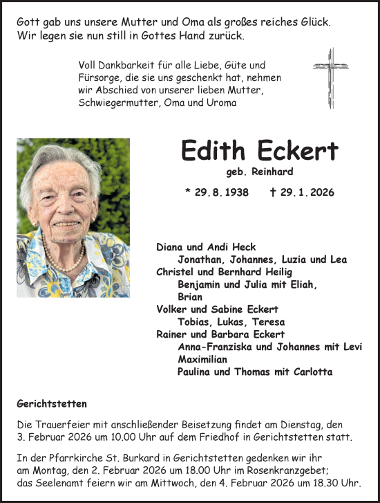 Traueranzeige von Edith Eckert von Fränkische Nachrichten