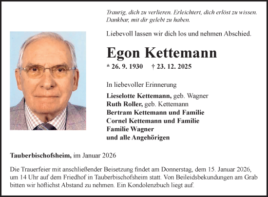 Traueranzeige von Egon Kettemann von Fränkische Nachrichten