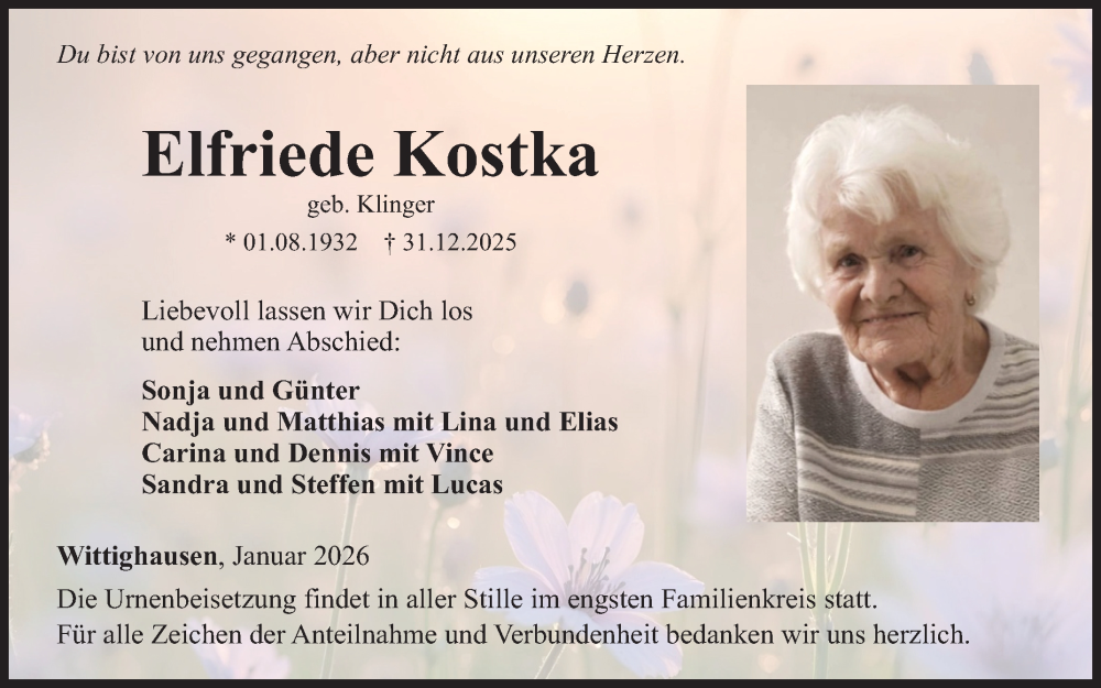  Traueranzeige für Elfriede Kostka vom 17.01.2026 aus Fränkische Nachrichten