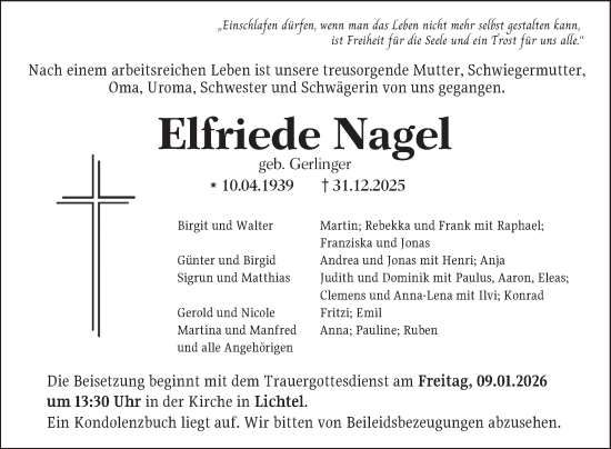 Traueranzeige von Elfriede Nagel von Fränkische Nachrichten