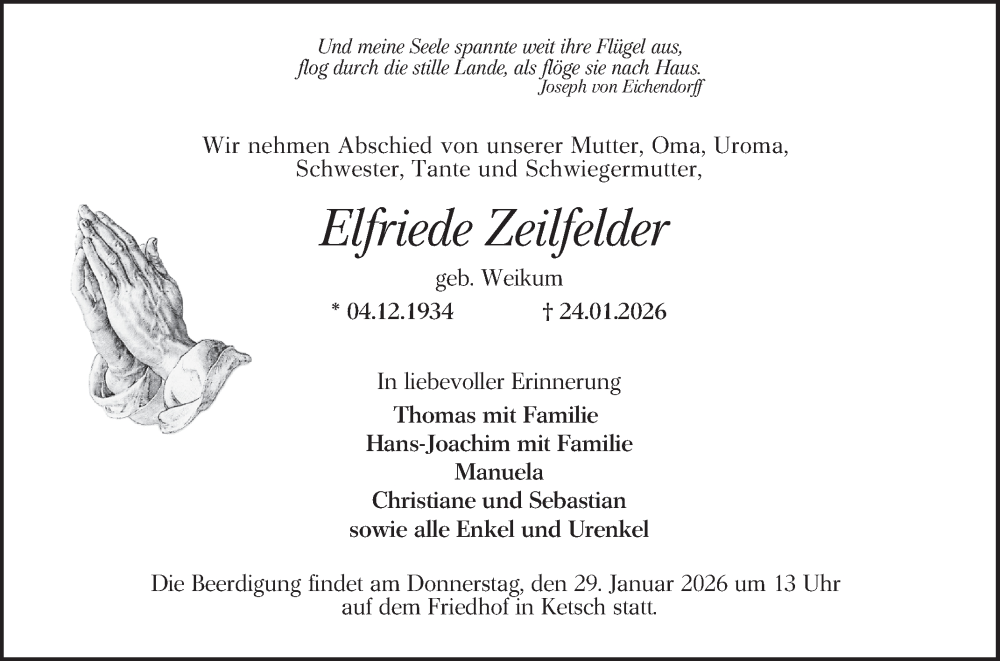  Traueranzeige für Elfriede Zeilfelder vom 27.01.2026 aus Schwetzinger Zeitung