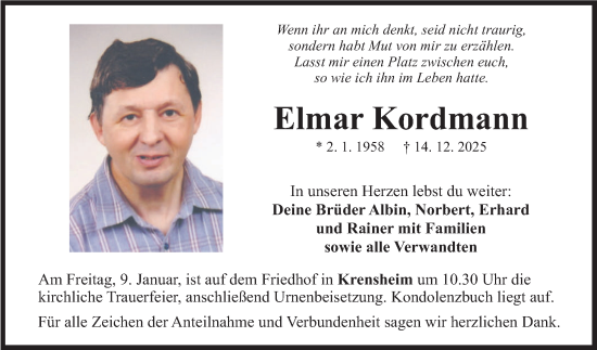 Traueranzeige von Elmar Kordmann von Fränkische Nachrichten