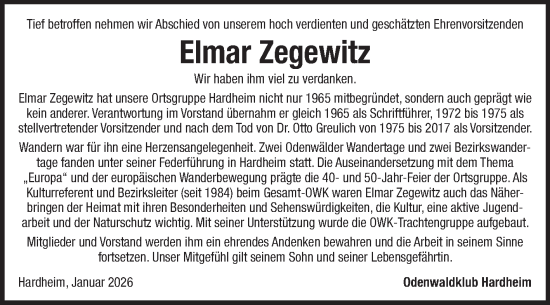 Traueranzeige von Elmar Zegewitz von Fränkische Nachrichten