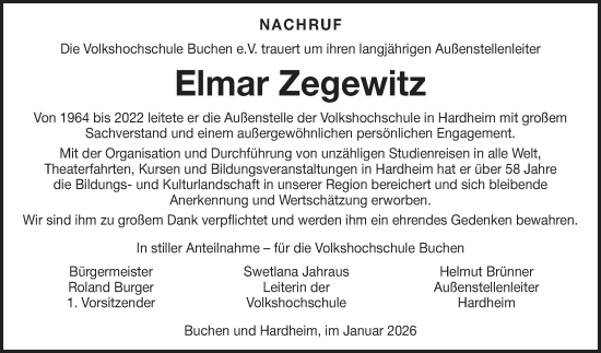 Traueranzeige von Elmar Zegewitz von Fränkische Nachrichten