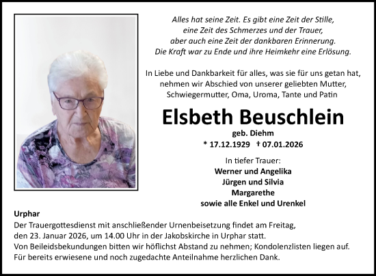 Traueranzeige von Elsbeth Beuschlein von Fränkische Nachrichten