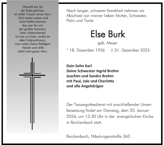 Traueranzeige von Else Burk von Bergsträßer Anzeiger