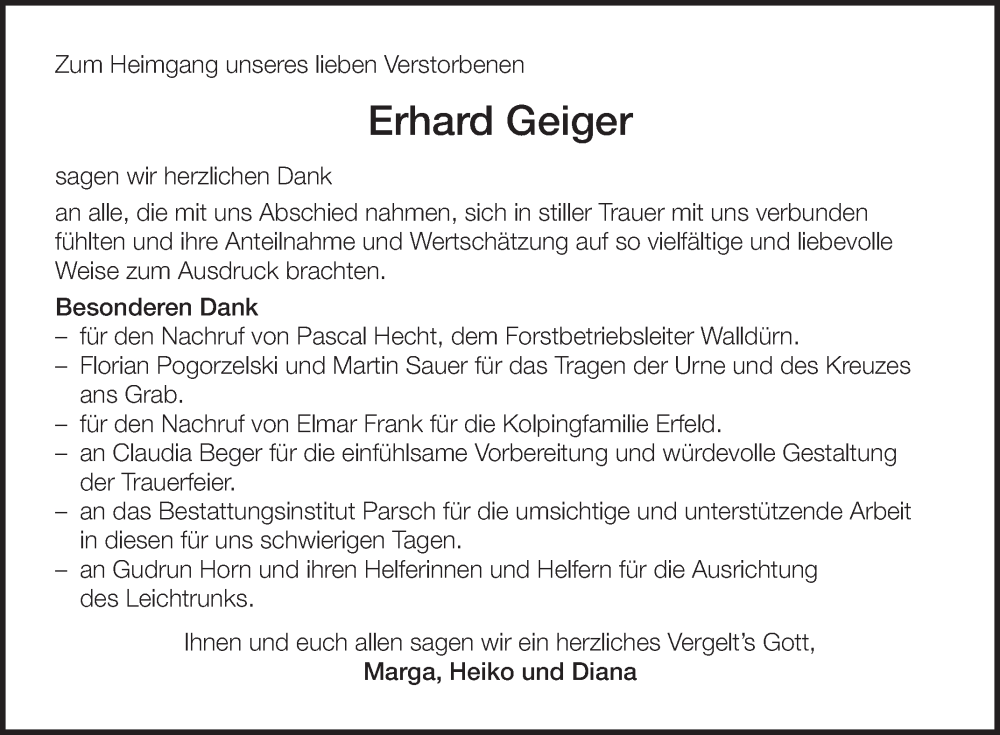  Traueranzeige für Erhard Geiger vom 03.01.2026 aus Fränkische Nachrichten