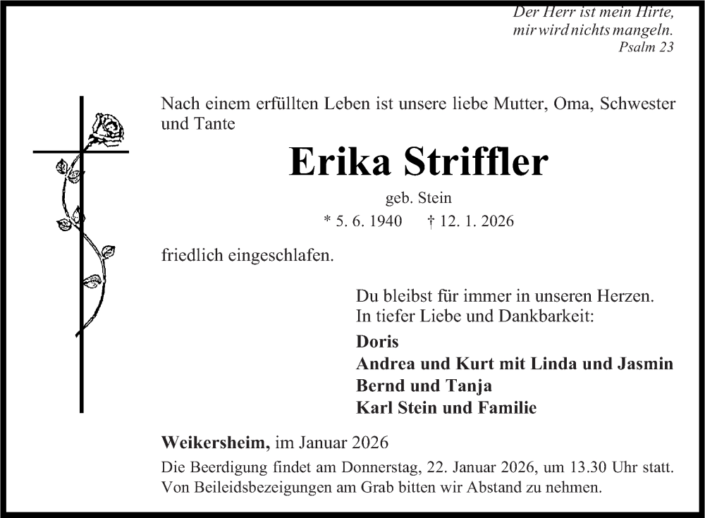  Traueranzeige für Erika Striffler vom 17.01.2026 aus Fränkische Nachrichten