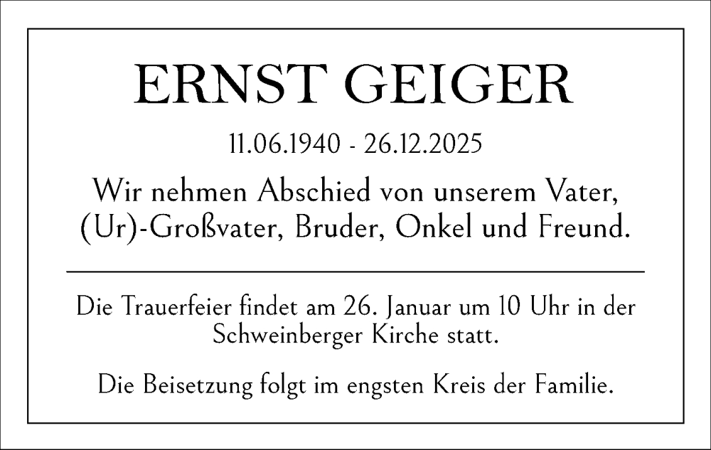  Traueranzeige für Ernst Geiger vom 03.01.2026 aus Fränkische Nachrichten