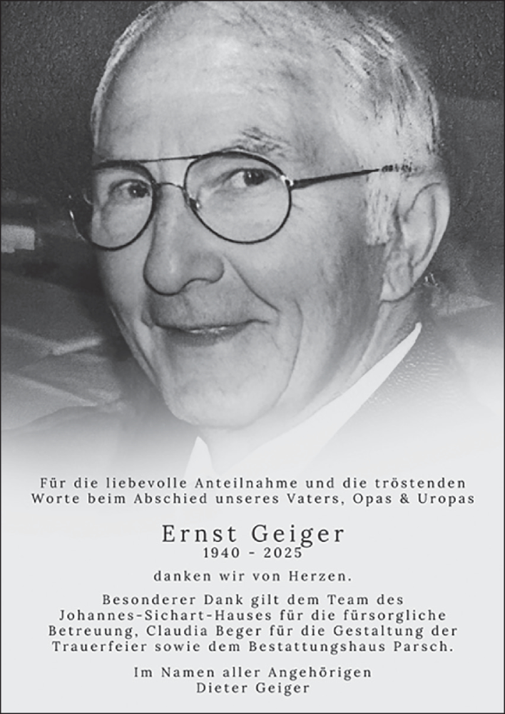  Traueranzeige für Ernst Geiger vom 31.01.2026 aus Fränkische Nachrichten