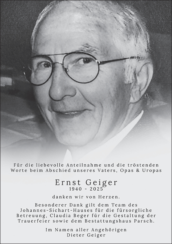 Traueranzeige von Ernst Geiger von Fränkische Nachrichten