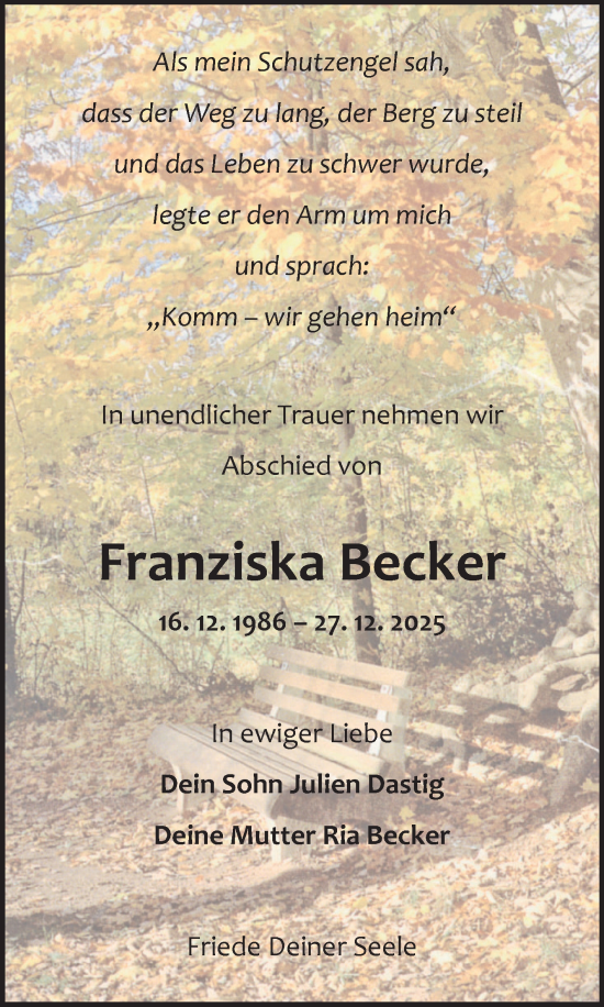 Traueranzeige von Franziska Becker von Fränkische Nachrichten