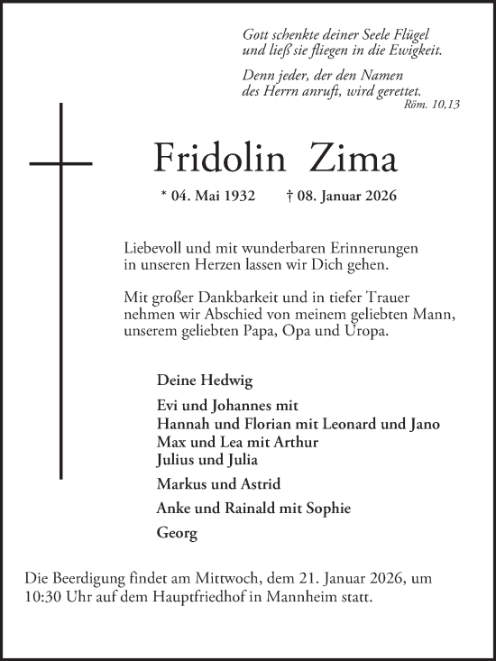 Traueranzeige von Fridolin Zima von Mannheimer Morgen