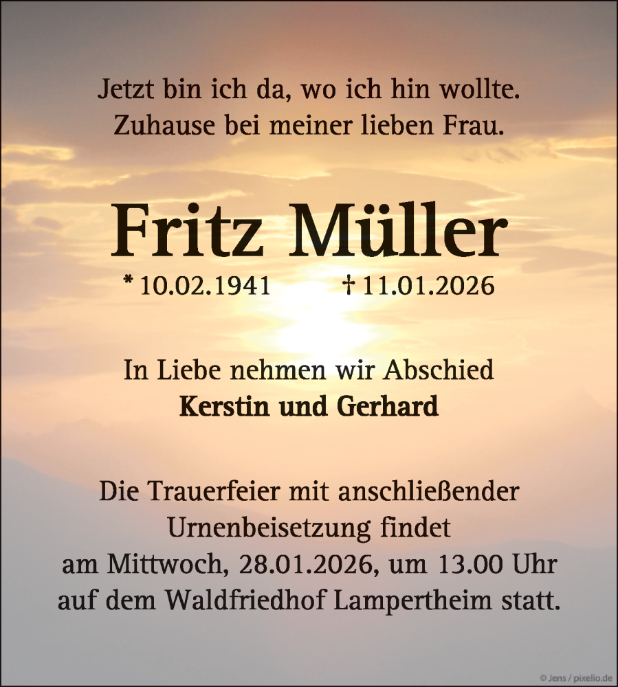  Traueranzeige für Fritz Müller vom 24.01.2026 aus Mannheimer Morgen