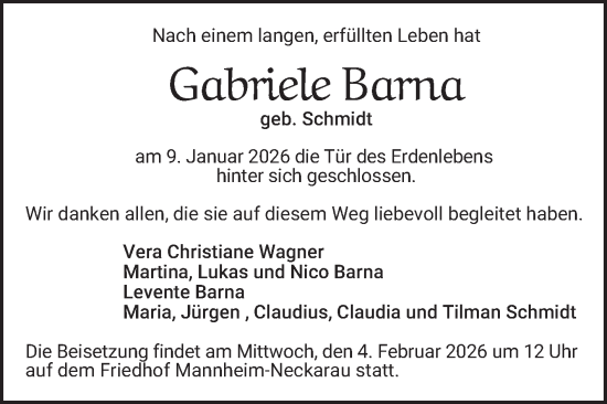 Traueranzeige von Gabriele Barna von Mannheimer Morgen