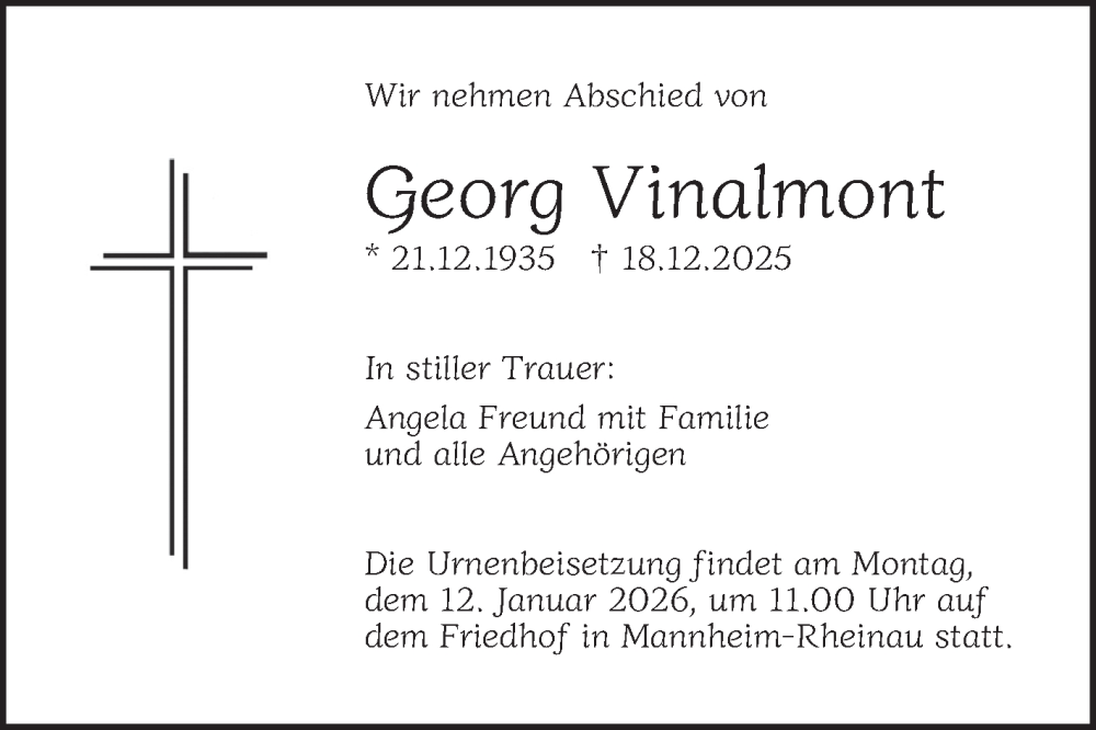  Traueranzeige für Georg Vinalmont vom 09.01.2026 aus Mannheimer Morgen