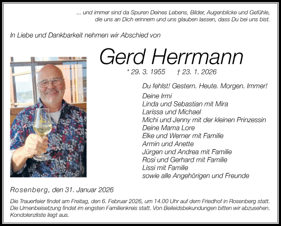 Traueranzeige von Gerd Herrmann von Fränkische Nachrichten