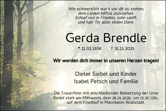 Traueranzeige von Gerda Brendle von Mannheimer Morgen