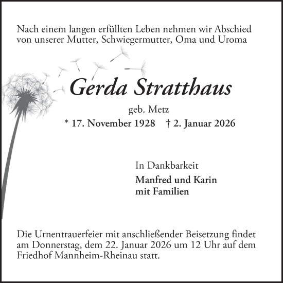 Traueranzeige von Gerda Stratthaus von Mannheimer Morgen