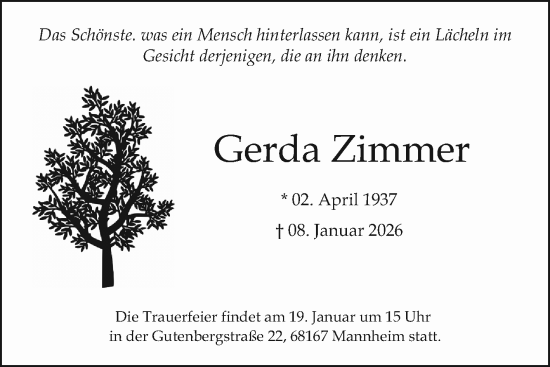Traueranzeige von Gerda Zimmer von Mannheimer Morgen