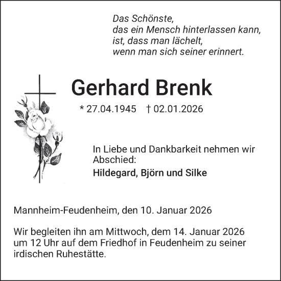 Traueranzeige von Gerhard Brenk von Mannheimer Morgen