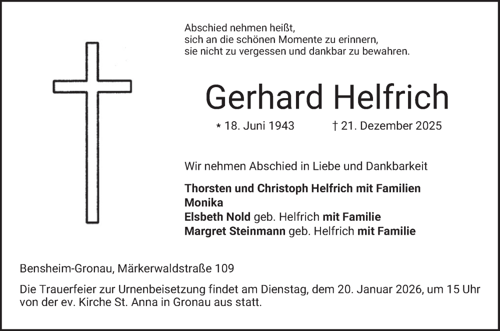  Traueranzeige für Gerhard Helfrich vom 10.01.2026 aus Bergsträßer Anzeiger