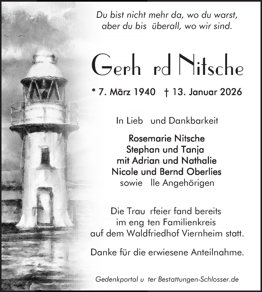  Traueranzeige für Gerhard Nitsche vom 31.01.2026 aus Mannheimer Morgen