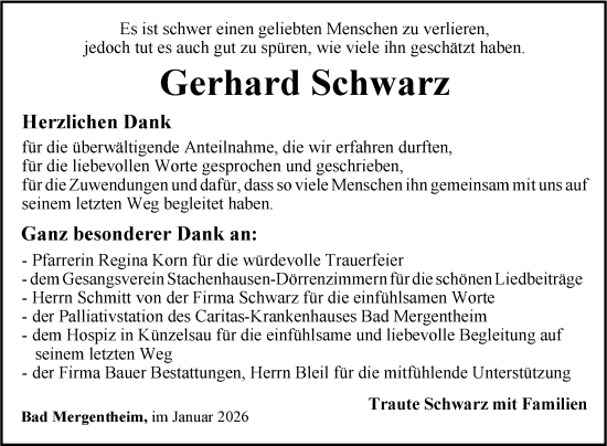 Traueranzeige von Gerhard Schwarz von Fränkische Nachrichten