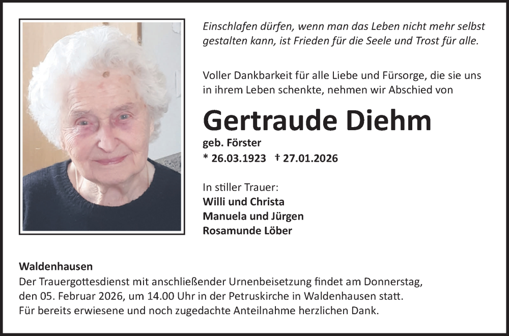  Traueranzeige für Gertraude Diehm vom 31.01.2026 aus Fränkische Nachrichten