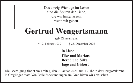 Traueranzeige von Gertrud Wengertsmann von Fränkische Nachrichten