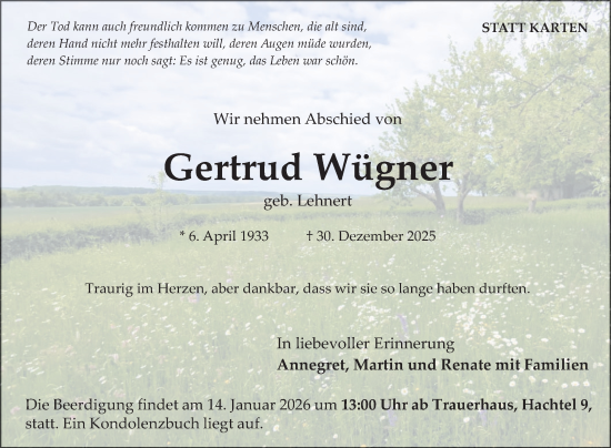 Traueranzeige von Gertrud Wügner von Fränkische Nachrichten