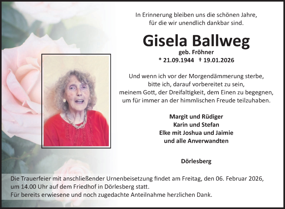  Traueranzeige für Gisela Ballweg vom 24.01.2026 aus Fränkische Nachrichten