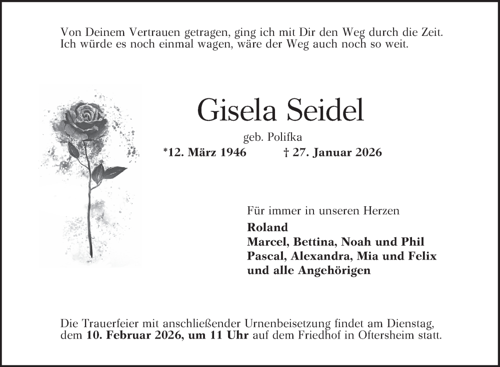 Traueranzeige für Gisela Seidel vom 31.01.2026 aus Schwetzinger Zeitung
