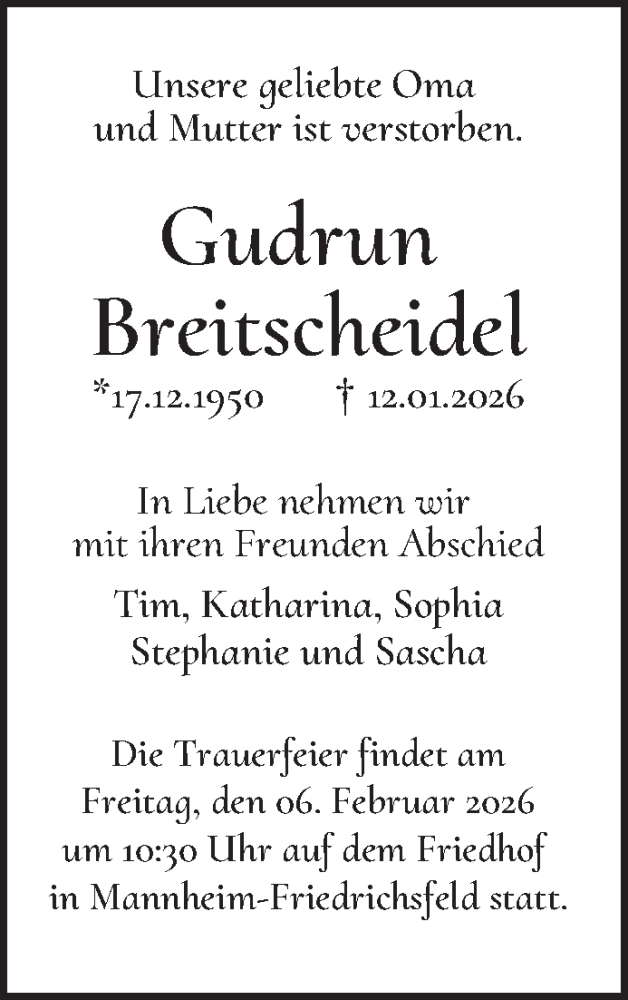  Traueranzeige für Gudrun Breitscheidel vom 31.01.2026 aus Mannheimer Morgen