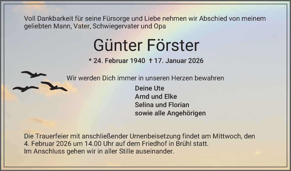  Traueranzeige für Günter Förster vom 31.01.2026 aus Schwetzinger Zeitung