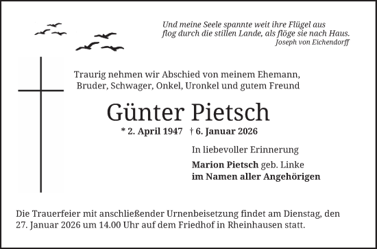 Traueranzeige von Günter Pietsch von Schwetzinger Zeitung