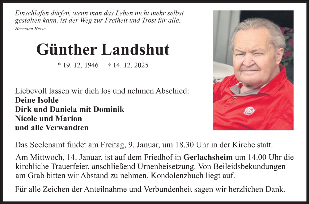  Traueranzeige für Günther Landshut vom 07.01.2026 aus Fränkische Nachrichten