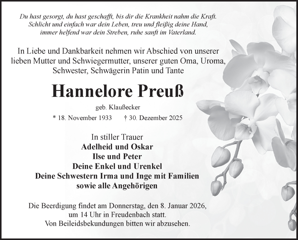  Traueranzeige für Hannelore Preuß vom 05.01.2026 aus Fränkische Nachrichten