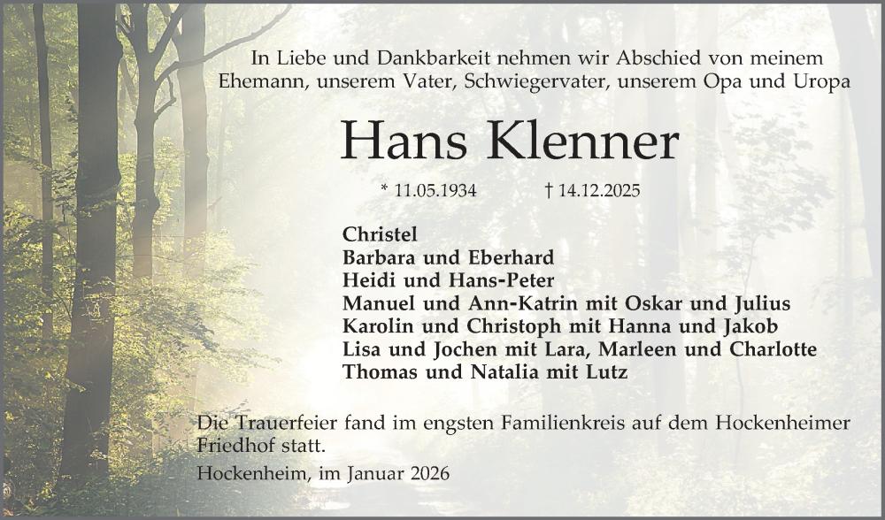  Traueranzeige für Hans Klenner vom 10.01.2026 aus Schwetzinger Zeitung