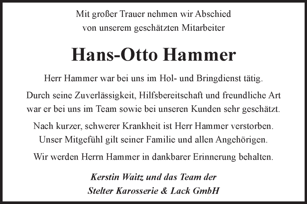  Traueranzeige für Hans-Otto Hammer vom 31.01.2026 aus Fränkische Nachrichten